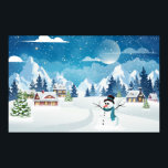 Evening village winter landscape with snow covered ポスター<br><div class="desc">Evening village winter landscape with snow covered houses, snowman and mountains. Christmas holidays illustration</div>