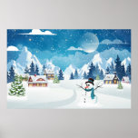 Evening village winter landscape with snow covered ポスター<br><div class="desc">Evening village winter landscape with snow covered houses, snowman and mountains. Christmas holidays illustration</div>