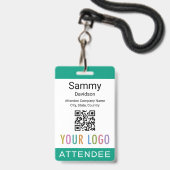 Event Attendee Badge QR Code Logo Emerald Green バッジ (正面(ネックストラップ付))