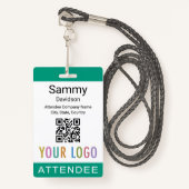 Event Attendee Badge QR Code Logo Emerald Green バッジ (正面ランヤード)