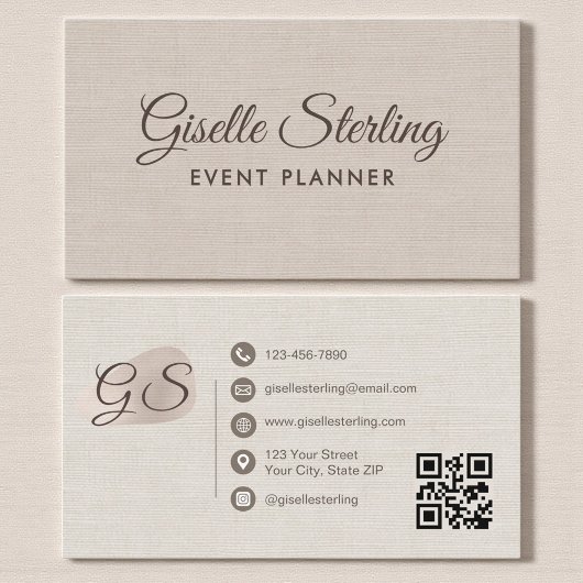 Event Planner Beige Linen Modern Elegant QR Code 名刺