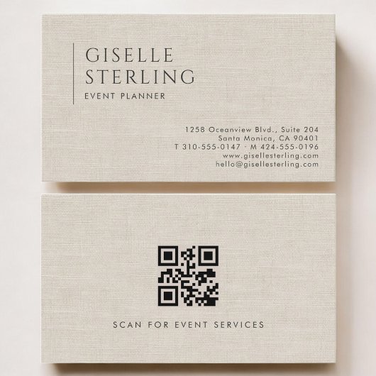 Event Planner Luxury Neutral Linen QR Code 名刺