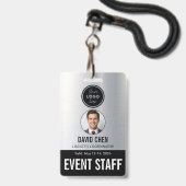 Event Staff ID Badge - Metallic Silver Black バッジ (正面（ネックストラップ付）)