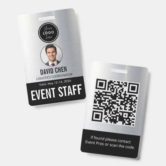 Event Staff ID Badge - Metallic Silver Black バッジ (正面＆裏面)