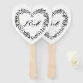 Éventail de mariage noir et blanc coeur floral ハンドファン (正面&裏面)