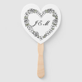 Éventail de mariage noir et blanc coeur floral ハンドファン
