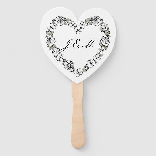 Éventail de mariage noir et blanc coeur floral ハンドファン (正面)