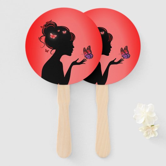 Éventail La femme papillons rouges ハンドファン (正面&裏面)