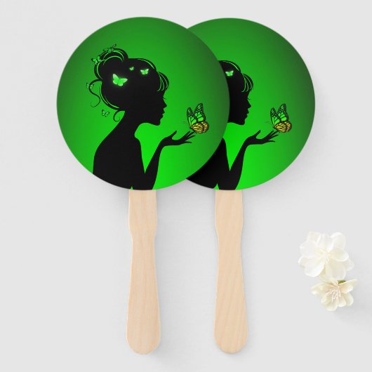 Éventail La femme papillons verts ハンドファン (正面&裏面)