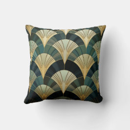 Eventails Art Déco - Or sur Émeraude クッション