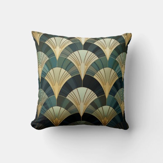 Eventails Art Déco - Or sur Émeraude クッション (正面)