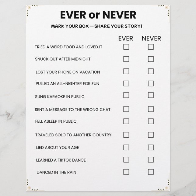 Ever or Never ゲーム - 印刷可能なアイスブレーカー レターヘッド (正面)