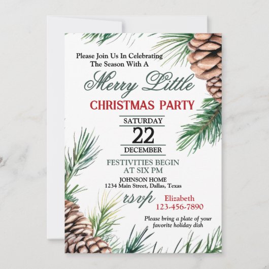 Evergreen and Pinecone Christmas Party Invitation 招待状 (正面)