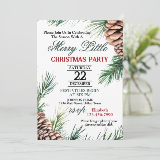 Evergreen and Pinecone Christmas Party Invitation 招待状 (スタンド正面)