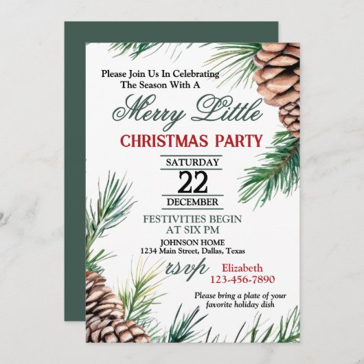 Evergreen and Pinecone Christmas Party Invitation 招待状 (正面/裏面)