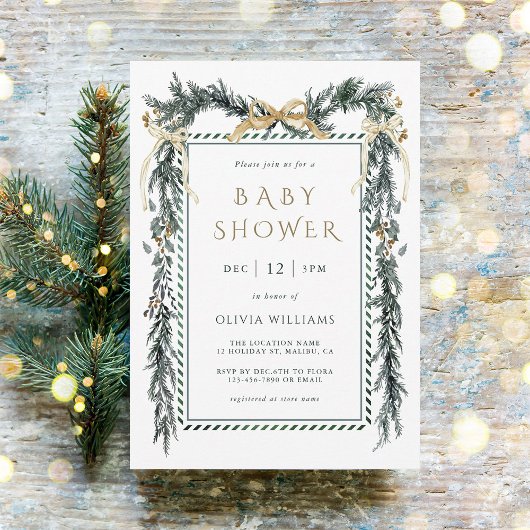 Evergreen Christmas Garland Baby Shower 招待状