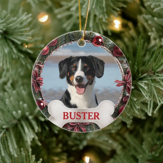 Evergreen Christmas Wreath Dog Photo Tree Ornament セラミックオーナメント (ツリー)