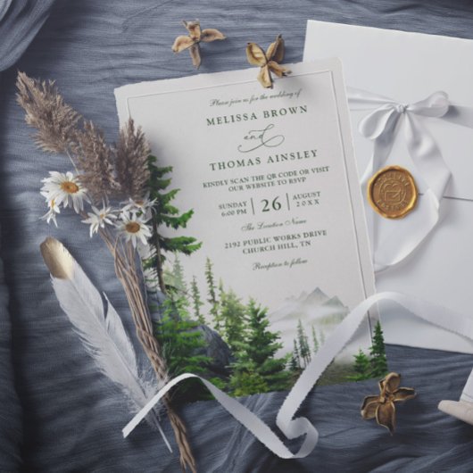 Evergreen Forest Rustic Mountain QR Code Wedding 招待状