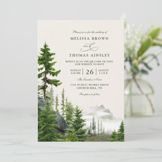 Evergreen Forest Rustic Mountain QR Code Wedding 招待状 (スタンド正面)