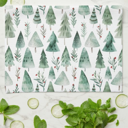 Evergreen Forest Watercolor Kitchen Towel キッチンタオル (折り畳み)
