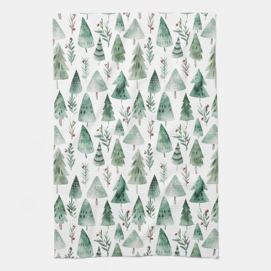 Evergreen Forest Watercolor Kitchen Towel キッチンタオル (縦)
