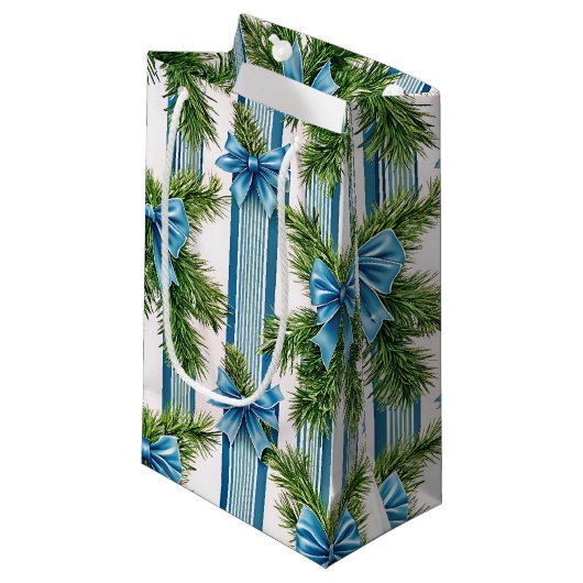 EVERGREEN GARLAND BLUE HOLIDAYS BOWS & STRIPES スモールペーパーバッグ (正面アングル)
