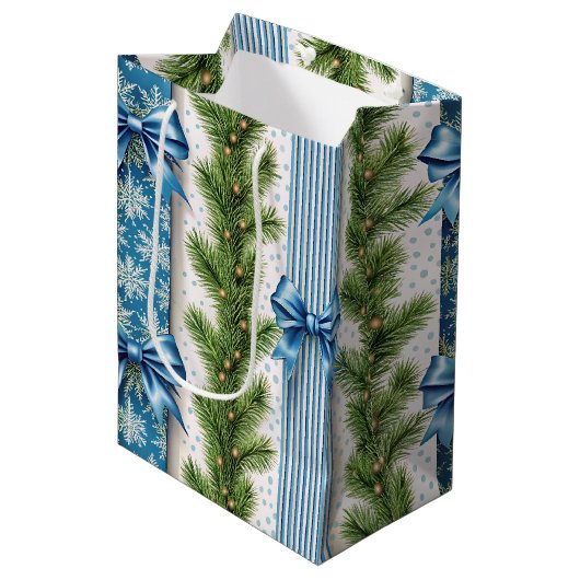 EVERGREEN GARLAND BLUE HOLIDAYS BOWS & STRIPES ミディアムペーパーバッグ (正面アングル)