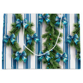 EVERGREEN GARLAND BLUE HOLIDAYS BOWS & STRIPES ラージペーパーバッグ (正面)