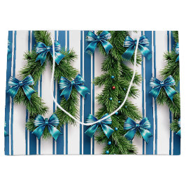 EVERGREEN GARLAND BLUE HOLIDAYS BOWS & STRIPES ラージペーパーバッグ