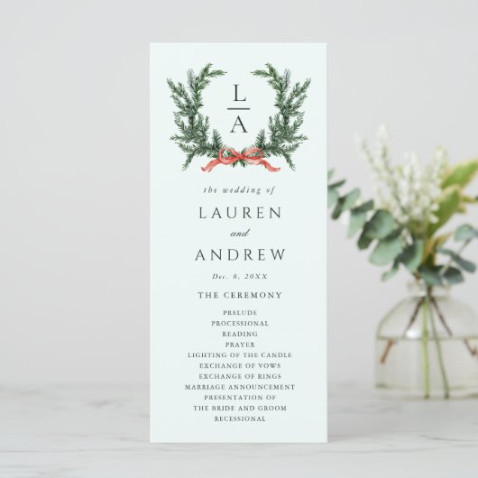 Evergreen Pine Wreath Wedding Mint Green Ceremony プログラム (スタンド正面)