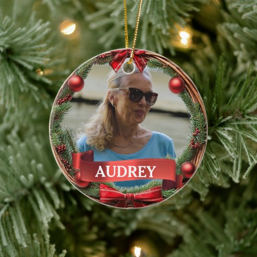 Evergreen Pinecone Wreath ANY Photo セラミックオーナメント (ツリー)