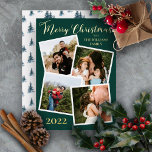 Evergreen Trees Merry Christmas 4 Photo Dk Green F 箔シーズンカード<br><div class="desc">A solid dark teal green with gold foil text "Merry Christmas" four framed photos collage holiday design. Back features a repeat pattern of evergreen trees on a white background. Simply add your family name and the year along with your photos to complete the design. Composite design by Holiday Hearts Designs...</div>