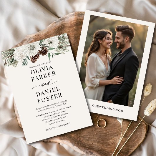 Evergreen Winter Photo Rustic Elegant Wedding 招待状