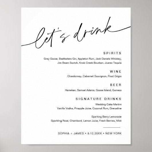 EVERLEIGHのドリンク結婚カクテルメニューサイン ポスター (正面)