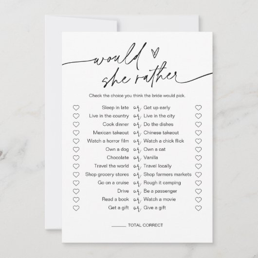 EVERLEIGHは彼女はむしろブライダルシャワーのゲームカード 招待状 (正面)