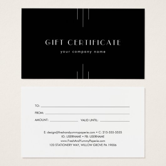 EVERLY Art Deco Black Business Gift Certificate (正面&裏面)