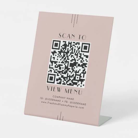 EVERLY Art Deco Blush Pink Restaurant Menu QR Code 台座サイン (正面)