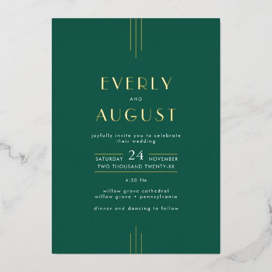 EVERLY Art Deco Emerald Green & Gold Foil Wedding 箔招待状 (正面)