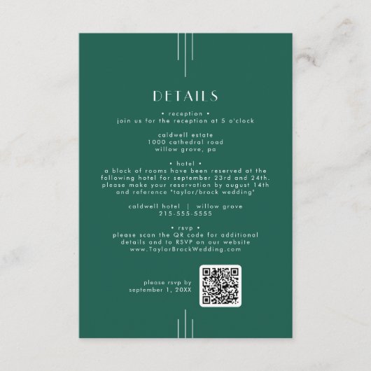 EVERLY Art Deco Emerald QR Code Wedding Details エンクロージャーカード (正面)