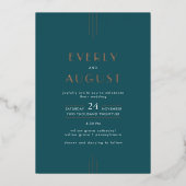 EVERLY Art Deco Teal and Rose Gold Foil Wedding 箔招待状 (正面)