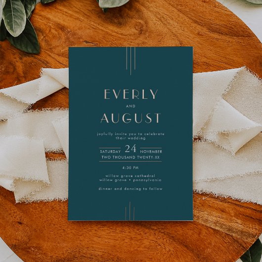 EVERLY Art Deco Teal and Rose Gold Foil Wedding 箔招待状