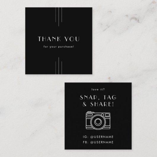 EVERLY Black Social Media Snap Share Thank You スクエア名刺 (正面/裏面)