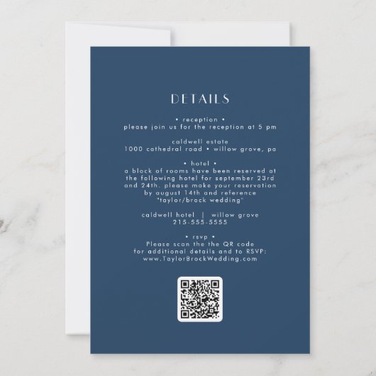 EVERLY Classic Art Deco Navy Blue QR Code Wedding 招待状 (裏面)