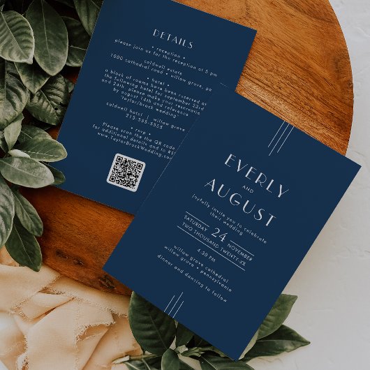 EVERLY Classic Art Deco Navy Blue QR Code Wedding 招待状