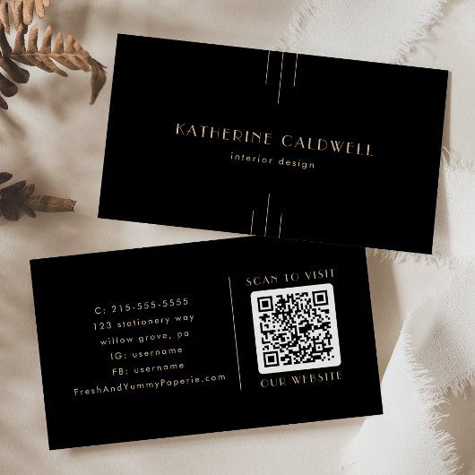EVERLY Elegant Art Deco Black and Gold QR Code 名刺