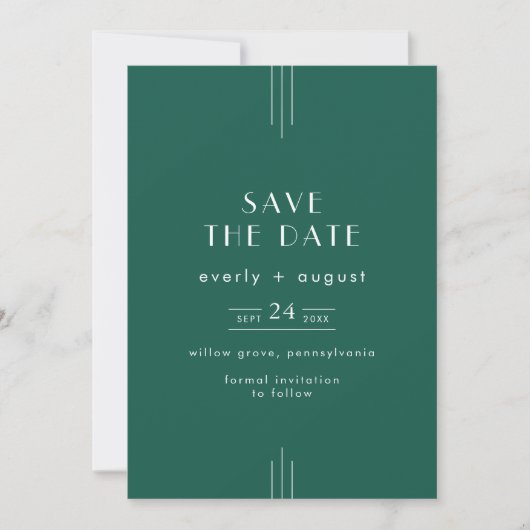 EVERLY Jewel Tone Art Deco Emerald Green Wedding セーブザデート (正面)
