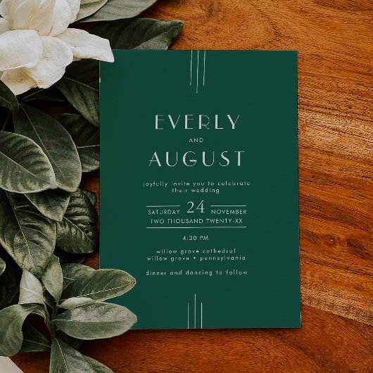 EVERLY Jewel Tone Art Deco Emerald Green Wedding 招待状