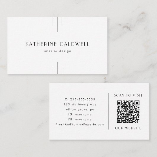 EVERLY Minimalist Art Deco White and Black QR Code 名刺 (正面/裏面)