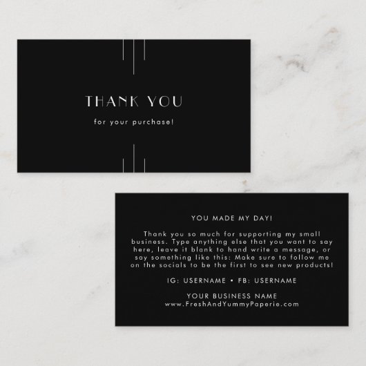 EVERLY Modern Art Deco Black and White Thank You 名刺 (正面/裏面)