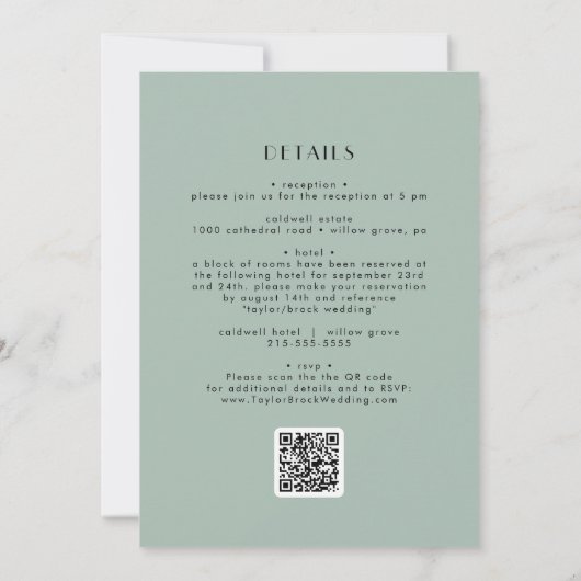 EVERLY Modern Art Deco Sage Green QR Code Wedding 招待状 (裏面)